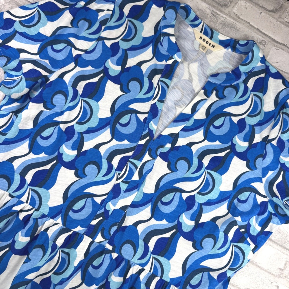 Boden Dress Womens 14R Blue White Abstract Swirl Short Sleeve Pocket EUC